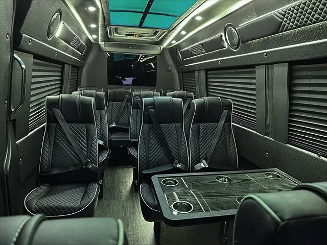 Diamond-stitched leather cabin of the Royal Limousine executive Sprinter