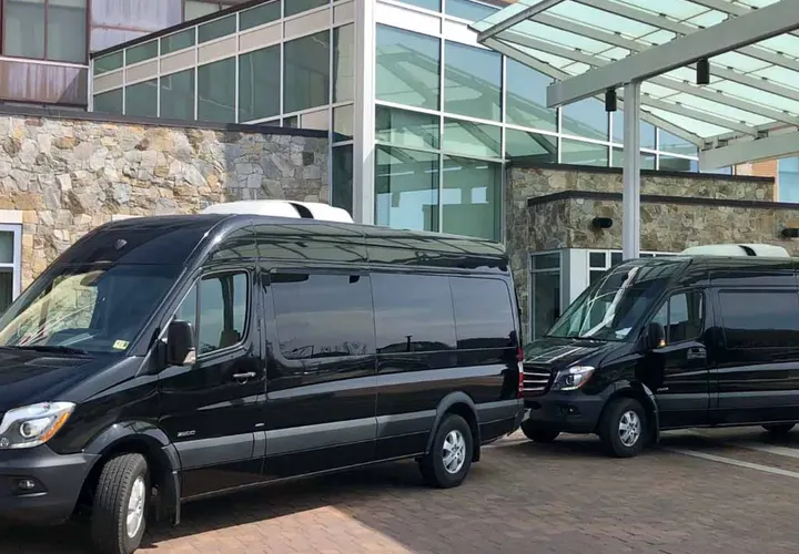 Two Royal Limousine Mercedes-Benz Sprinters staged under a covered entrance